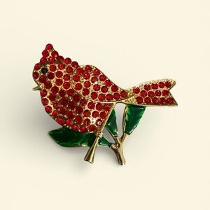 Cardinal Red and Green Sparkly Bird Brooch
